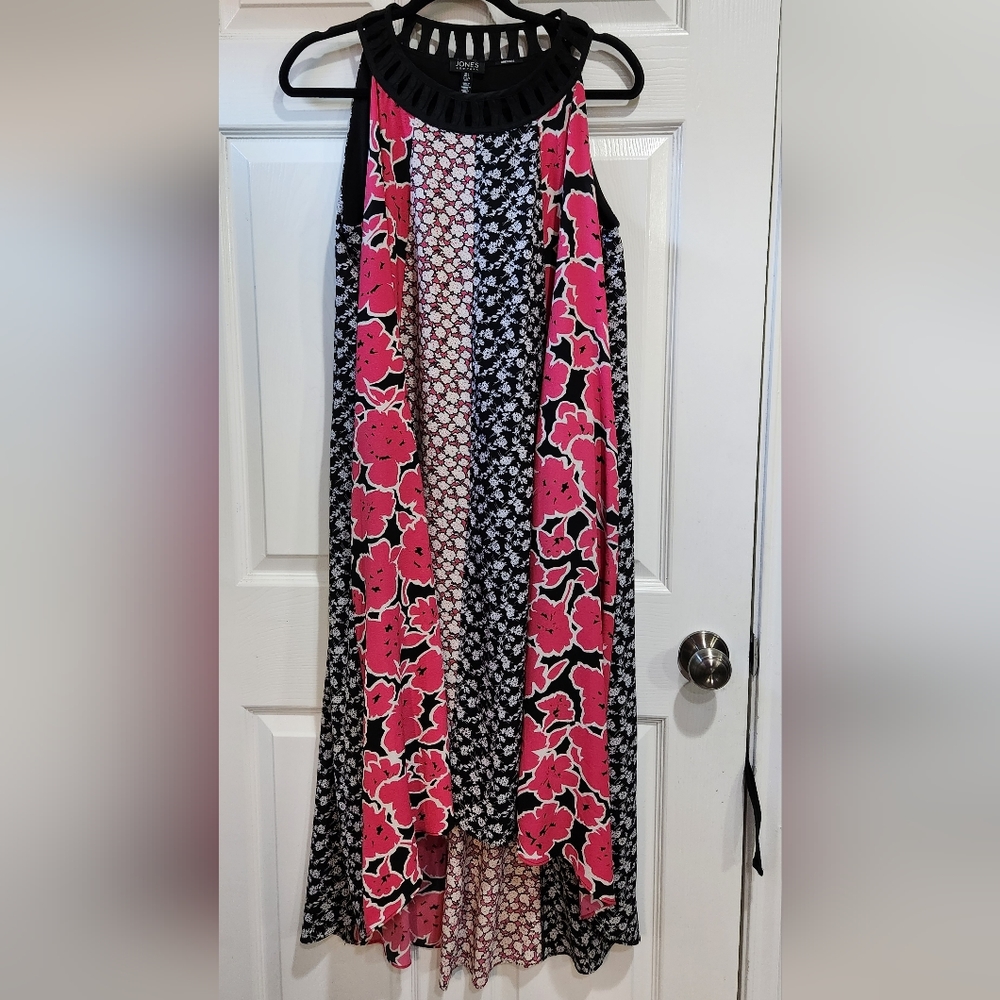 Jones New York black pink floral asymmetrical hem dress size L